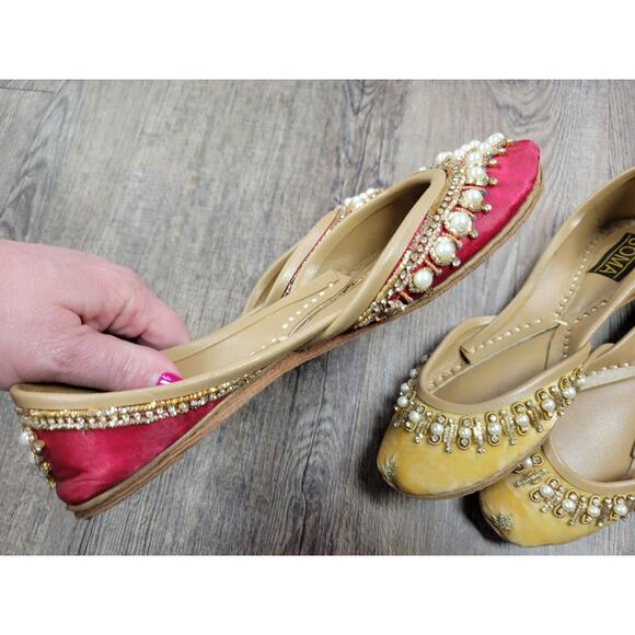 Soma Hand Artisan Made Leather Beaded Velour Pakistan Shoes 6 Flats Red Yellow - Picture 12 of 13